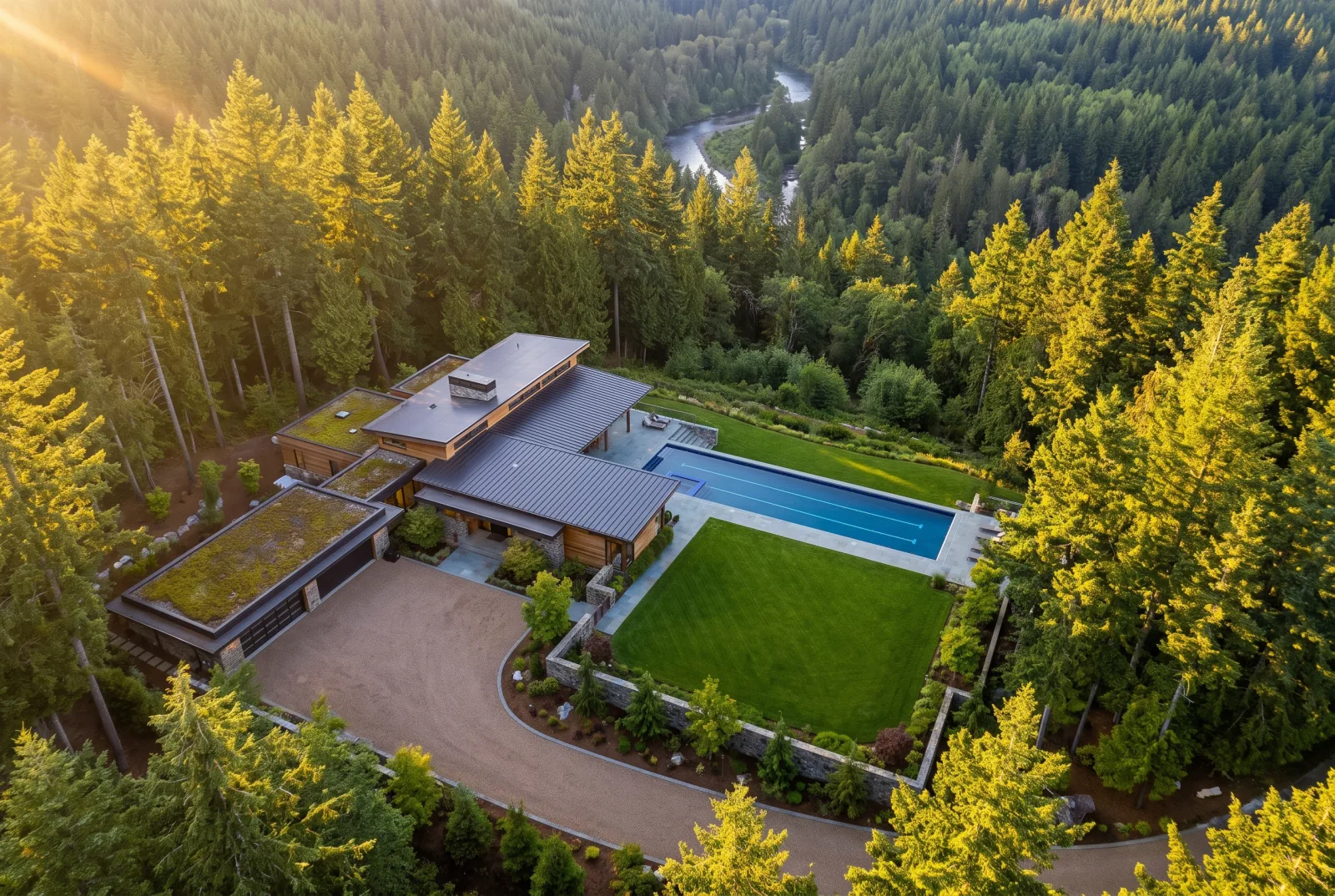 Aerial drone shot of a modern home on a wooded lot, showing the property in its setting