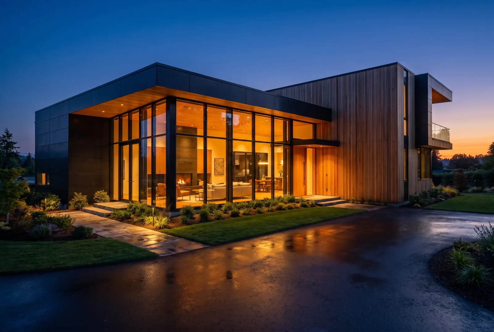 Twilight exterior of a modern home with warm interior lighting against a deep blue sky